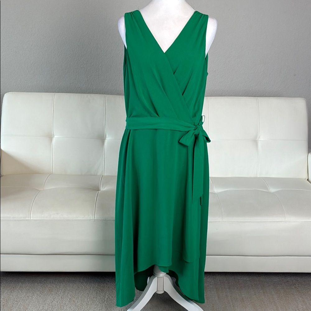 Connected Apparel Emerald Green Sleeveless Faux Wrap High-Low Belted Dress